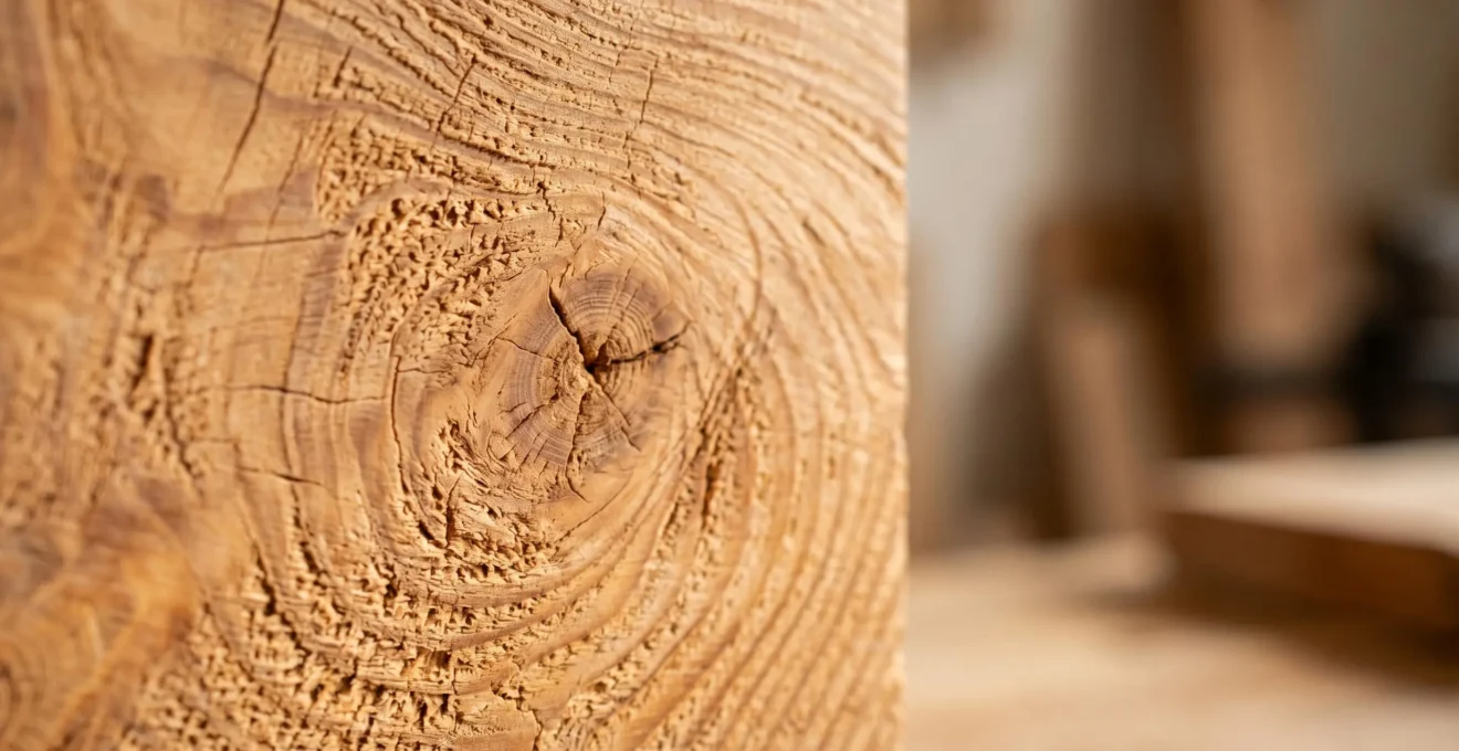 Gros plan sur une surface de bois brut aux veines naturelles apparentes avec une finition transparente mate