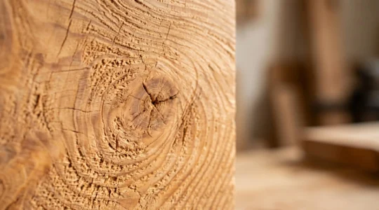 Gros plan sur une surface de bois brut aux veines naturelles apparentes avec une finition transparente mate