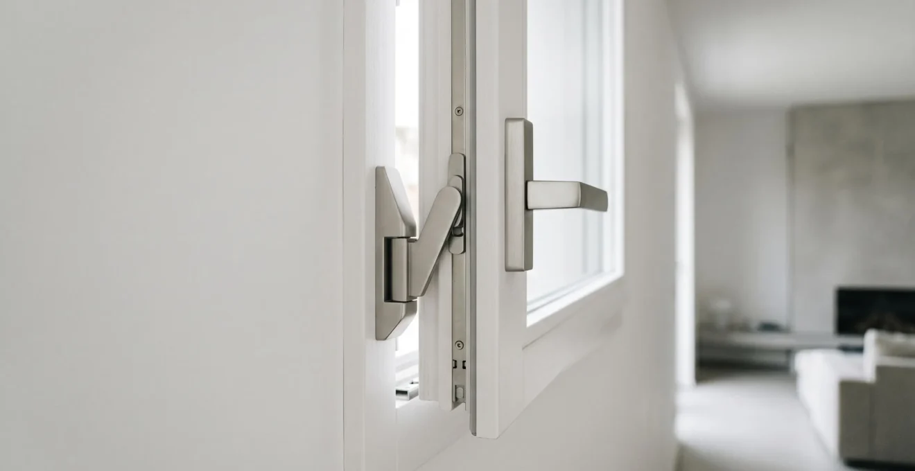 Détail d'un châssis de fenêtre avec verrou de sécurité montrant les éléments techniques de compatibilité
