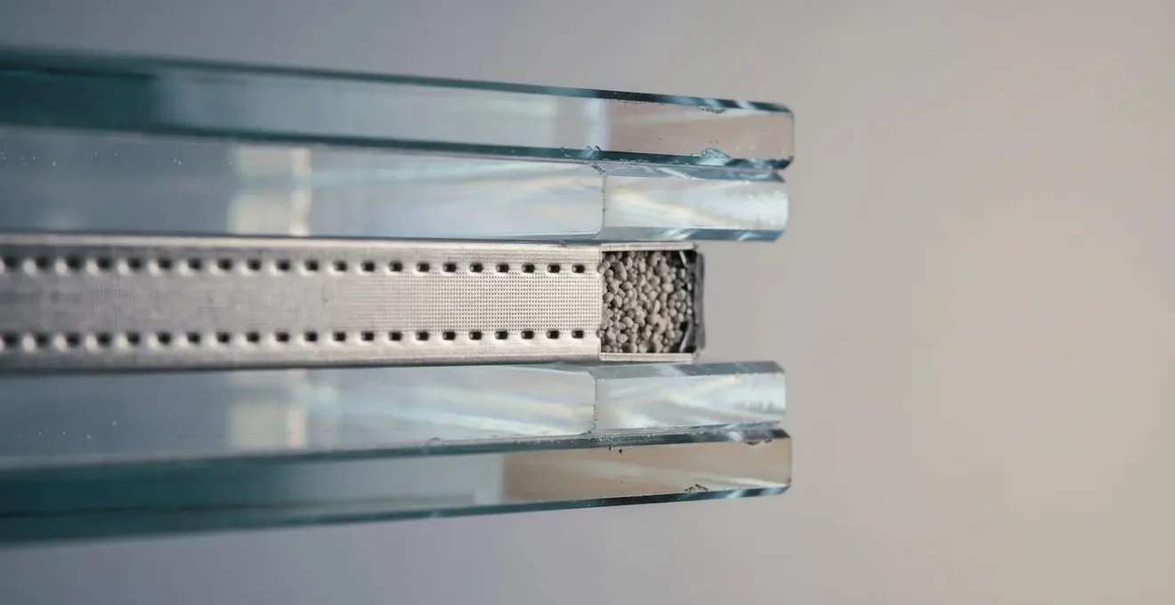 Coupe transversale technique d'un double vitrage moderne montrant les différentes couches de verre et l'espace intercalaire