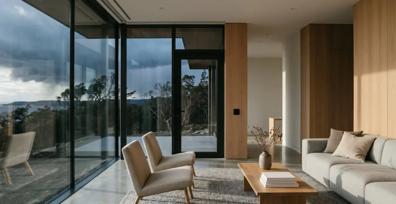 Scène moderne de maison connectée avec fenêtres automatisées avant l'arrivée d'un orage