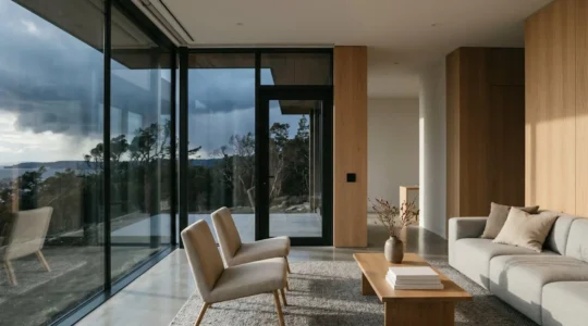Scène moderne de maison connectée avec fenêtres automatisées avant l'arrivée d'un orage