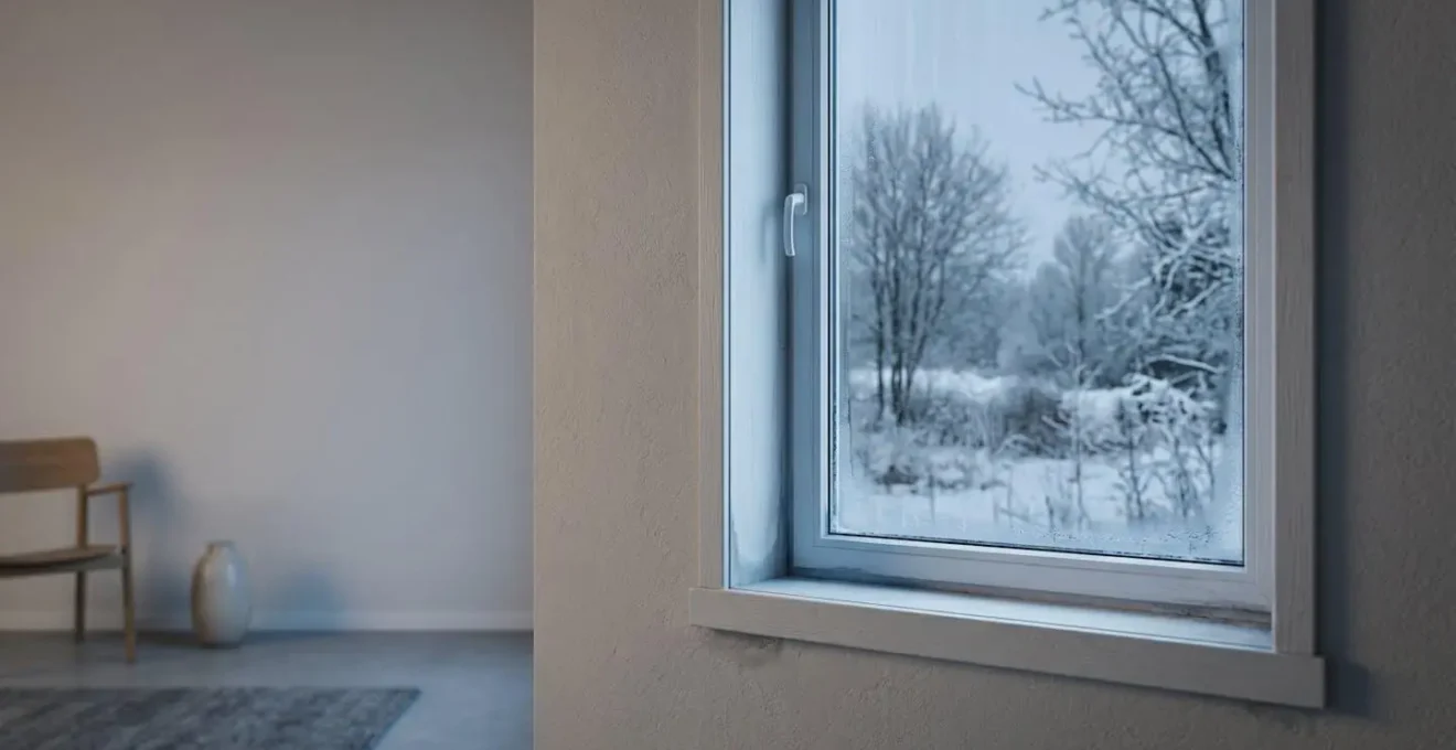 Gros plan sur une fenêtre avec des signes de déperdition thermique en hiver