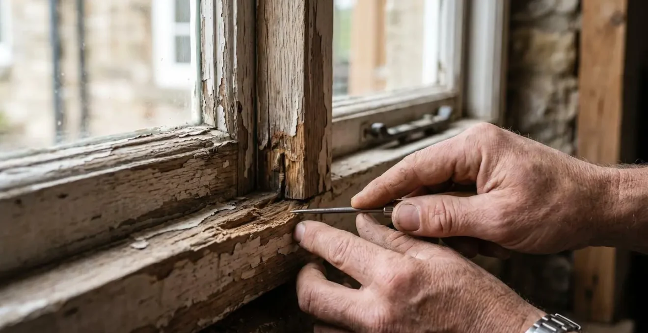 Inspection minutieuse d'un châssis de fenêtre en bois ancien pour évaluer son état de conservation