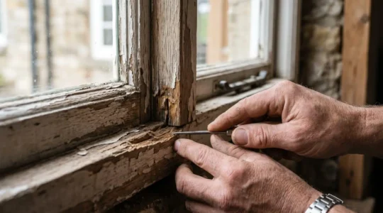 Inspection minutieuse d'un châssis de fenêtre en bois ancien pour évaluer son état de conservation