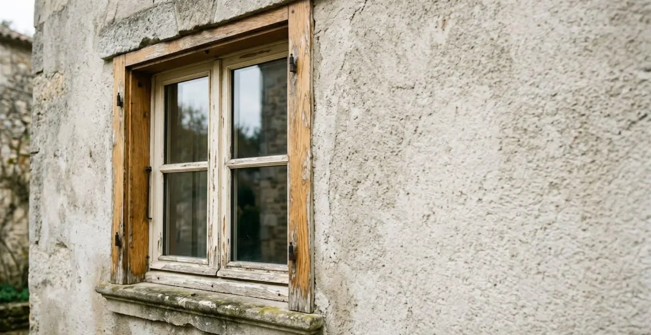 Vue rapprochée d'un châssis de fenêtre en bois ancien avec textures détaillées révélant l'état du matériau