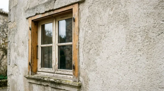 Vue rapprochée d'un châssis de fenêtre en bois ancien avec textures détaillées révélant l'état du matériau