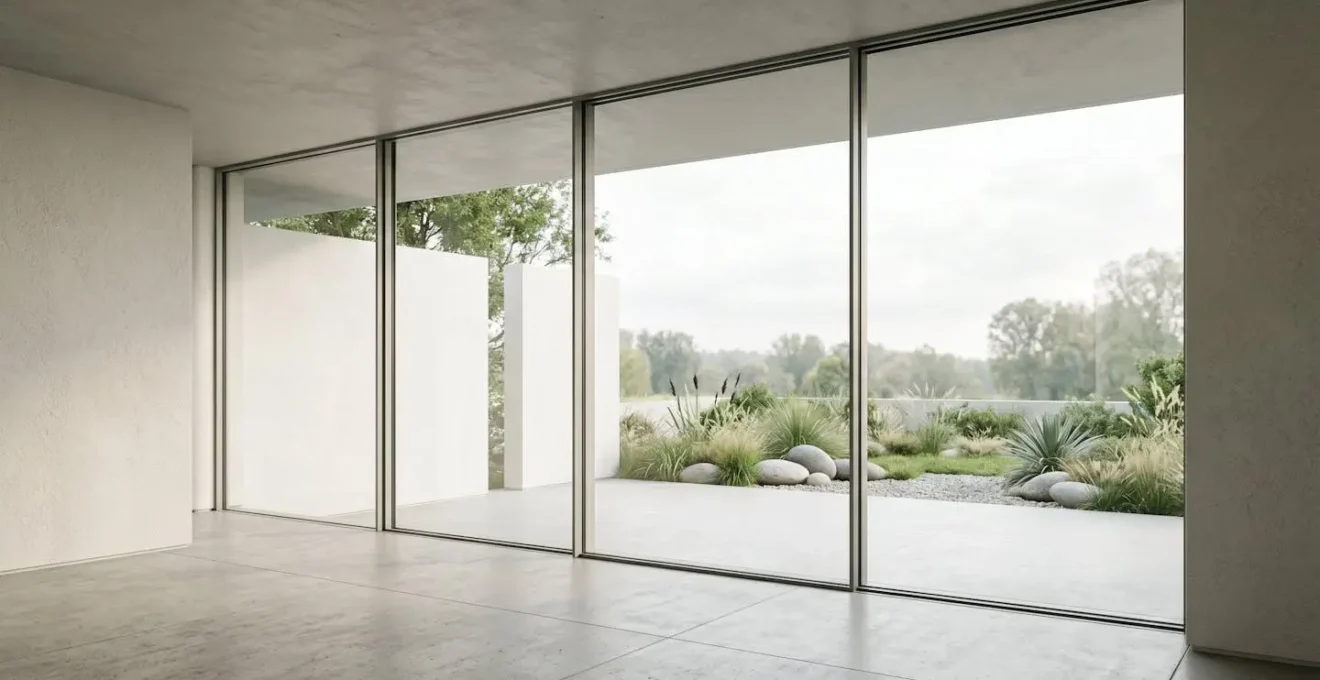 Baie vitrée contemporaine à profilés ultra-fins en aluminium créant un effet mur de verre avec vue panoramique