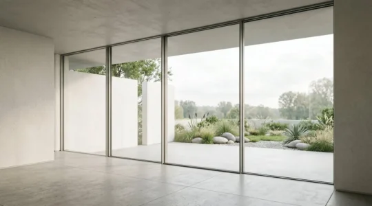 Baie vitrée contemporaine à profilés ultra-fins en aluminium créant un effet mur de verre avec vue panoramique
