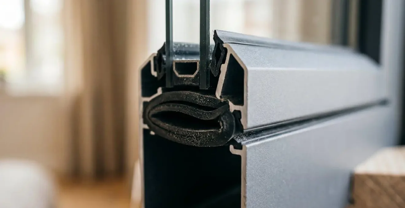 Fenêtre moderne avec système d'étanchéité visible, gros plan sur le joint de compression