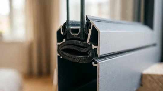 Fenêtre moderne avec système d'étanchéité visible, gros plan sur le joint de compression