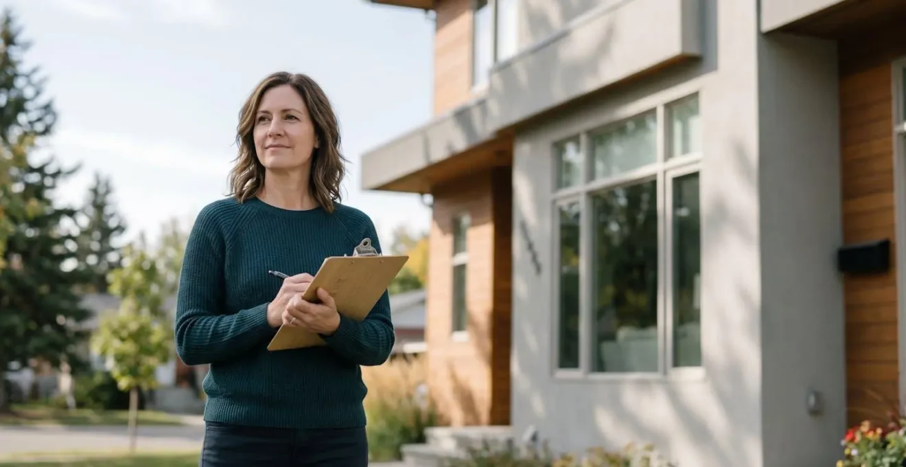 Propriétaire examinant calmement les points d'accès de sa maison en plein jour avec une approche méthodique et rationnelle