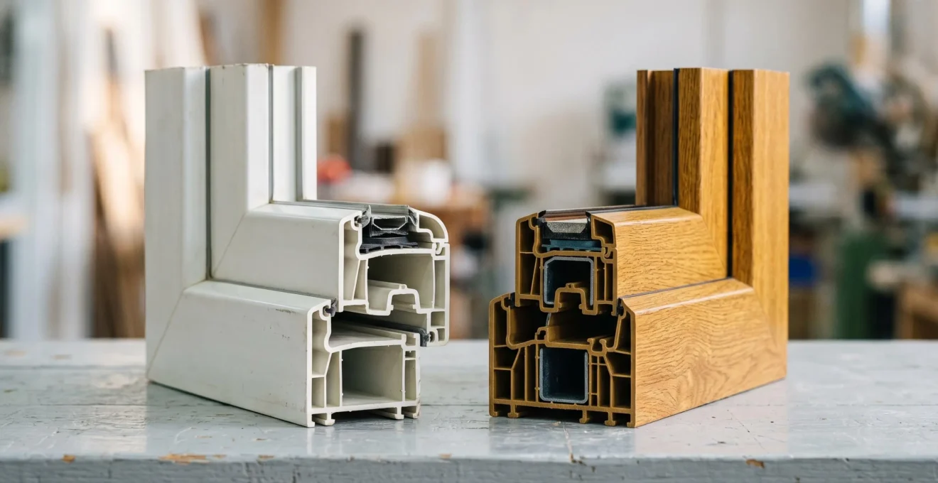 Évolution technologique des menuiseries PVC : contraste entre fenêtre traditionnelle blanche basique et profilé moderne coloré haute performance