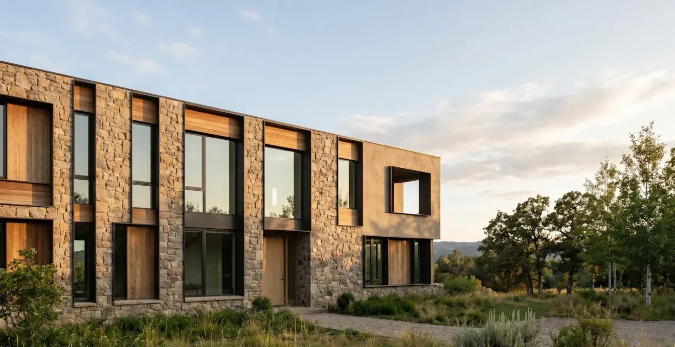 Façade architecturale élégante avec fenêtres variées créant une composition visuelle harmonieuse