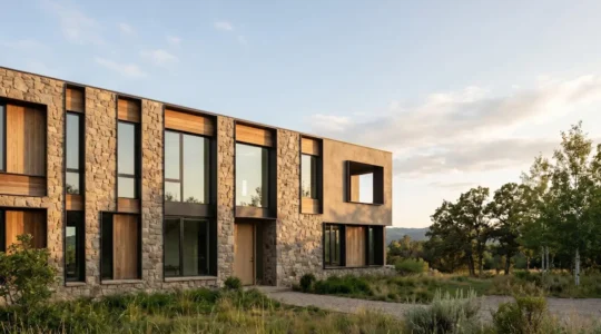 Façade architecturale élégante avec fenêtres variées créant une composition visuelle harmonieuse