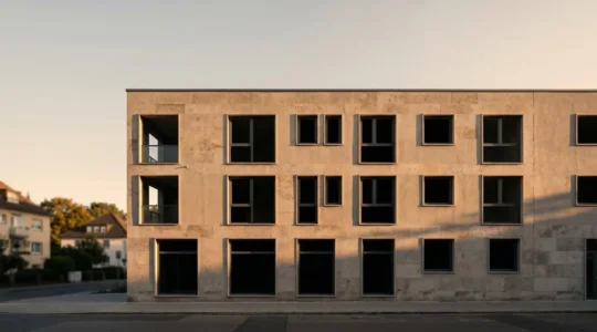 Façade architecturale élégante avec fenêtres structurant la composition visuelle