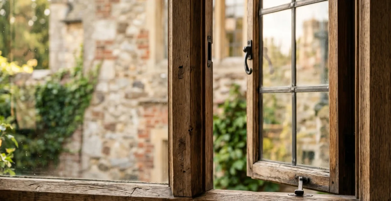 Fenêtre en bois noble dans une maison de caractère avec vue sur l'extérieur, mettant en valeur l'authenticité du matériau