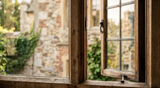 Fenêtre en bois noble dans une maison de caractère avec vue sur l'extérieur, mettant en valeur l'authenticité du matériau