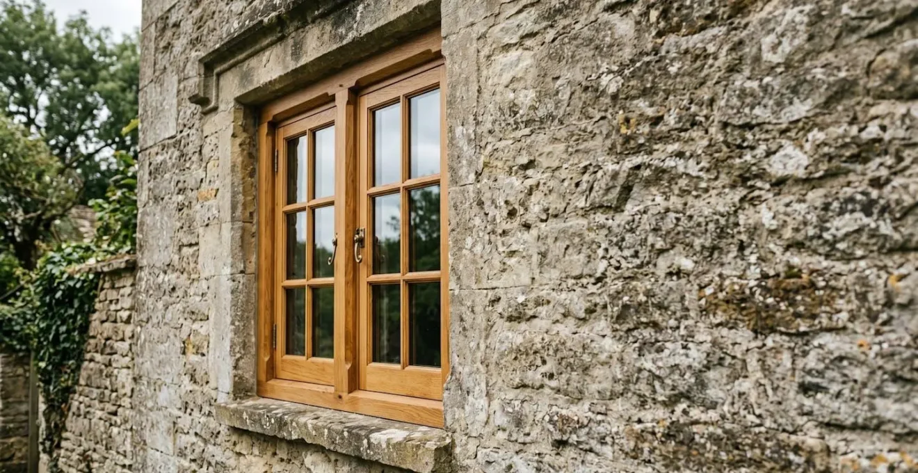 Fenêtre en bois massif avec moulures sur une façade ancienne de pierre