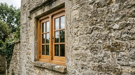 Fenêtre en bois massif avec moulures sur une façade ancienne de pierre