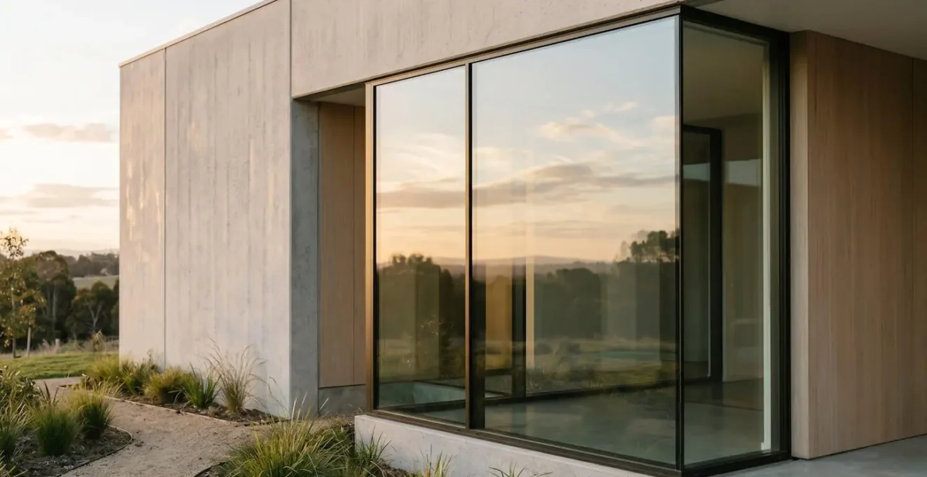 Fenêtre moderne haute performance avec profilés composites ultra-fins et triple vitrage dans une architecture contemporaine