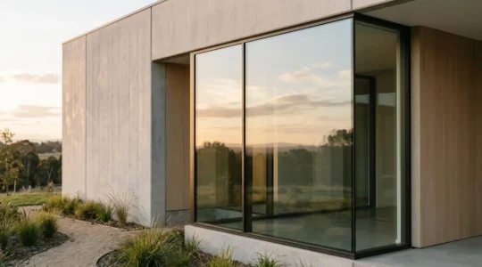 Fenêtre moderne haute performance avec profilés composites ultra-fins et triple vitrage dans une architecture contemporaine
