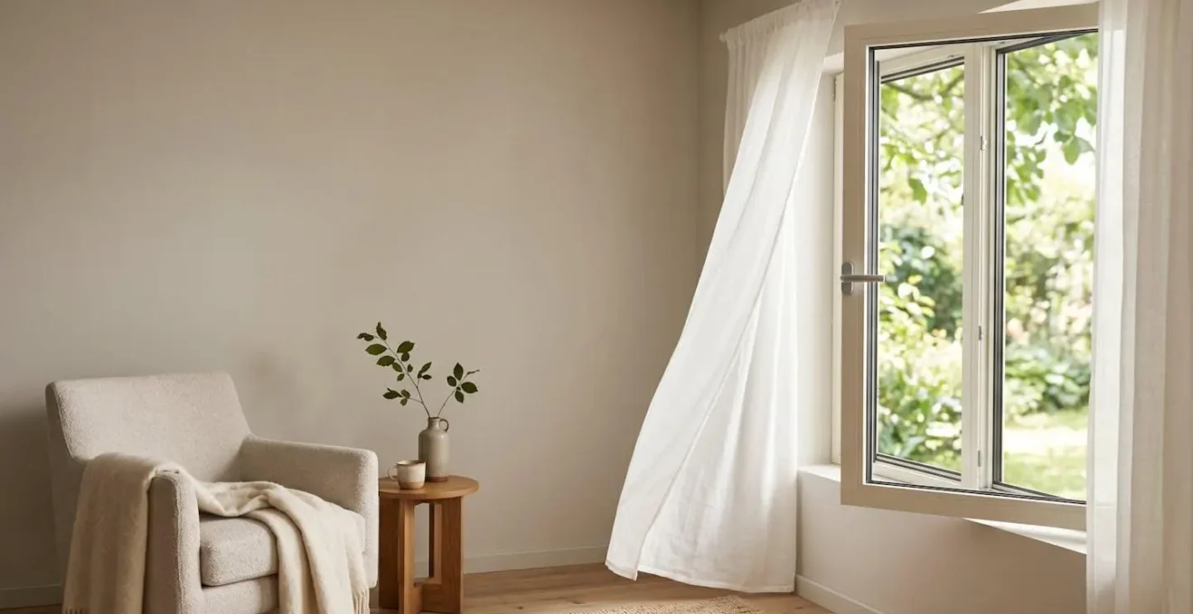 Vue architecturale d'une fenêtre moderne dans un intérieur épuré avec système de ventilation intelligent