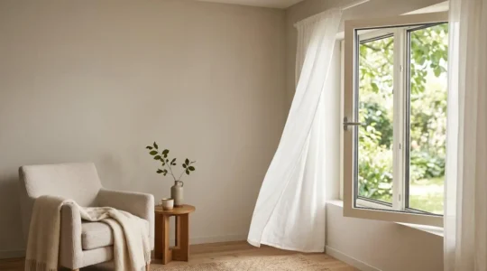 Vue architecturale d'une fenêtre moderne dans un intérieur épuré avec système de ventilation intelligent