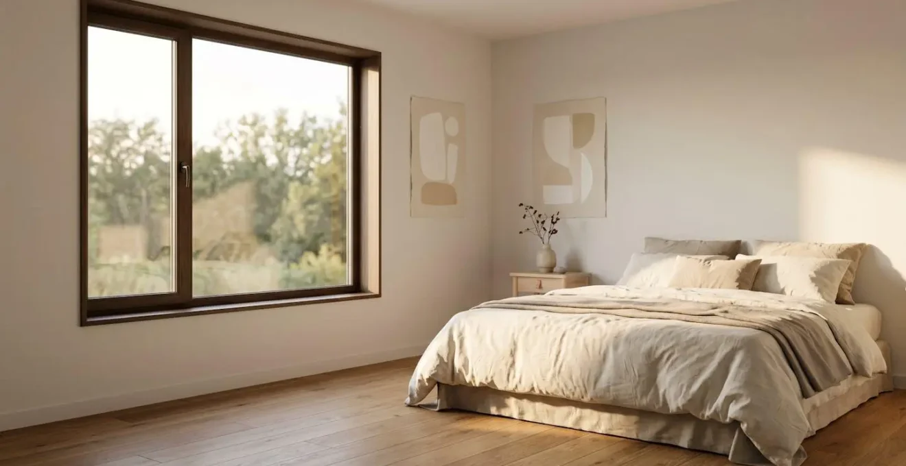 Chambre baignée de lumière naturelle matinale à travers une grande fenêtre moderne