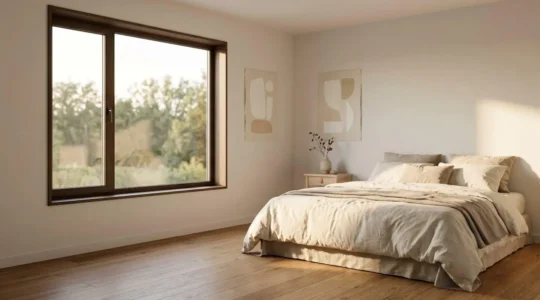 Chambre baignée de lumière naturelle matinale à travers une grande fenêtre moderne