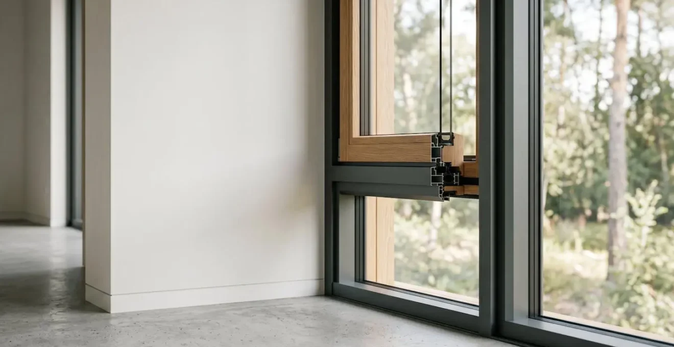 Fenêtre contemporaine à double vitrage performant avec détails de menuiserie PVC haute efficacité énergétique