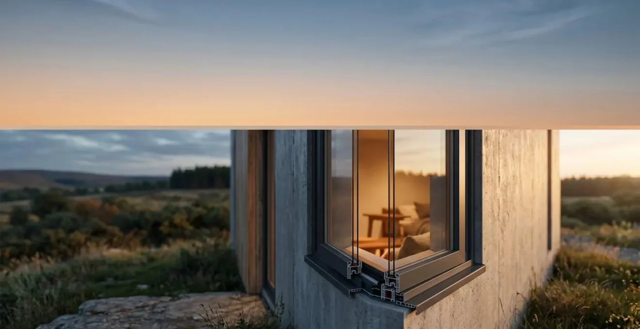 Fenêtre moderne à double vitrage avec vue sur l'intérieur chaleureux d'une maison, symbolisant l'isolation thermique et les économies d'énergie