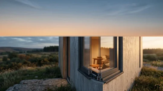 Fenêtre moderne à double vitrage avec vue sur l'intérieur chaleureux d'une maison, symbolisant l'isolation thermique et les économies d'énergie