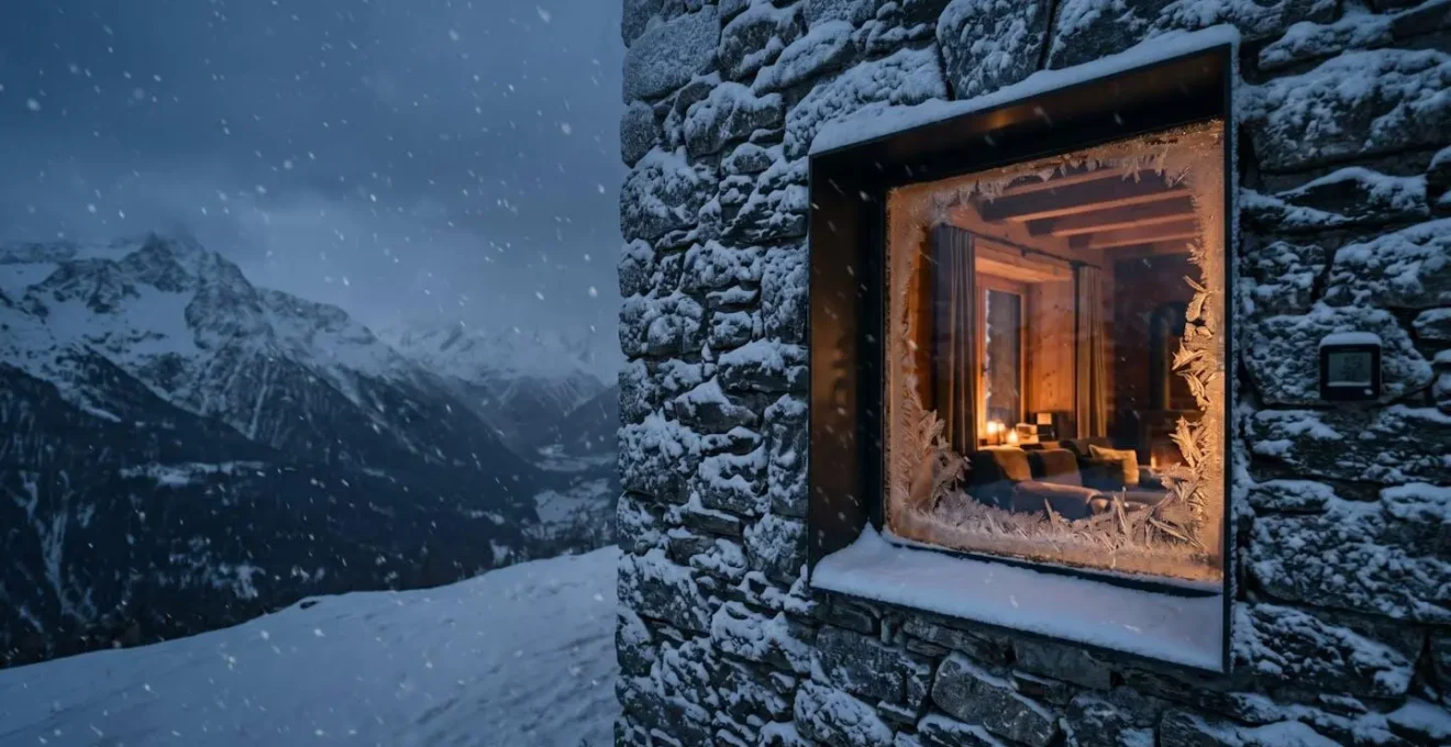 Fenêtre moderne à triple vitrage dans un chalet de montagne enneigé sous un froid extrême