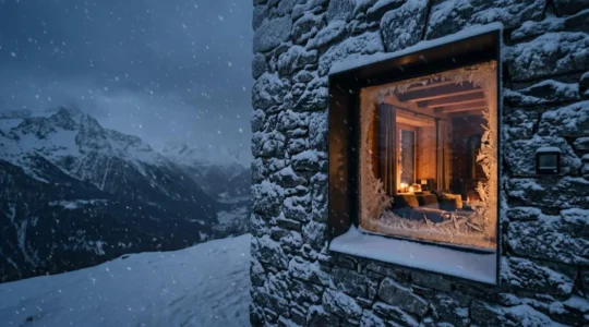 Fenêtre moderne à triple vitrage dans un chalet de montagne enneigé sous un froid extrême