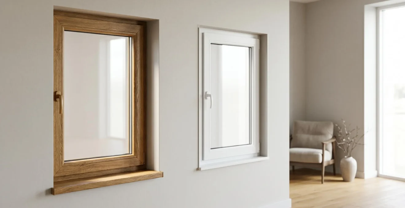 Comparaison visuelle entre fenêtre PVC moderne aspect bois et fenêtre blanche traditionnelle