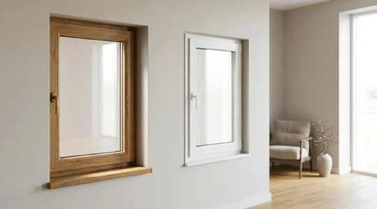 Comparaison visuelle entre fenêtre PVC moderne aspect bois et fenêtre blanche traditionnelle