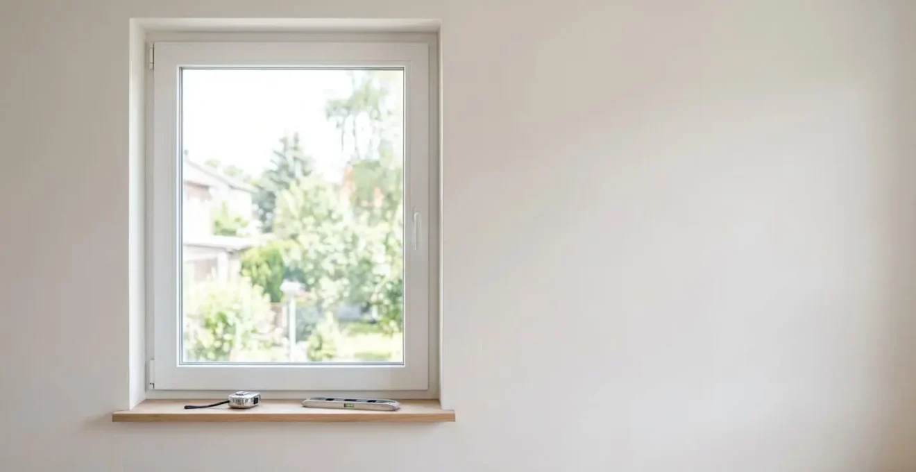 Fenêtre PVC blanche moderne installée dans un mur en rénovation avec outils de pose professionnels