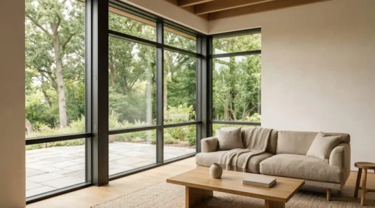 Fenêtre intelligente dans un intérieur moderne avec capteurs et automatismes intégrés