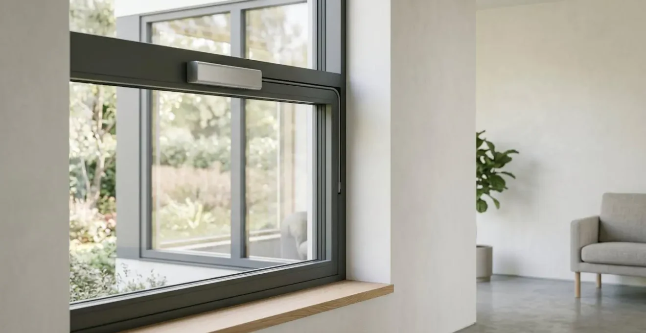 Fenêtre moderne avec dispositif de motorisation discret intégré dans un intérieur épuré et lumineux