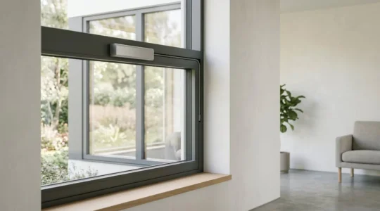 Fenêtre moderne avec dispositif de motorisation discret intégré dans un intérieur épuré et lumineux