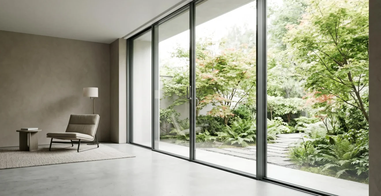 Baie vitrée en aluminium de grandes dimensions avec profilés fins et rupture de pont thermique, vue depuis l'intérieur vers un jardin moderne