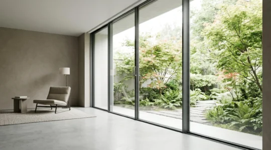 Baie vitrée en aluminium de grandes dimensions avec profilés fins et rupture de pont thermique, vue depuis l'intérieur vers un jardin moderne