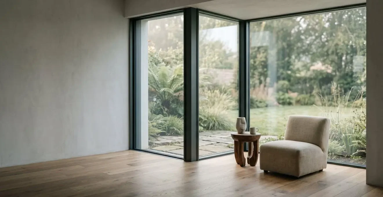 Grande baie vitrée en aluminium avec profilés fins dans un salon contemporain offrant une vue panoramique sur un jardin lumineux