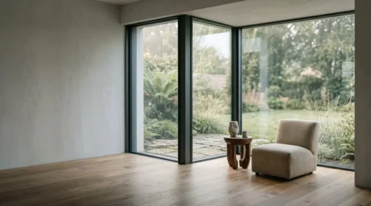 Grande baie vitrée en aluminium avec profilés fins dans un salon contemporain offrant une vue panoramique sur un jardin lumineux