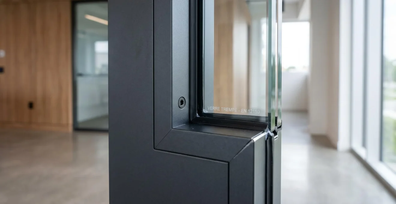Gros plan sur le cadre et le vitrage d'une porte intérieure vitrée contemporaine, montrant la jonction entre cadre aluminium et verre