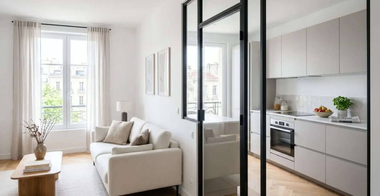 Intérieur contemporain français avec porte vitrée installée entre un salon lumineux et une cuisine moderne, lumière naturelle traversant le vitrage