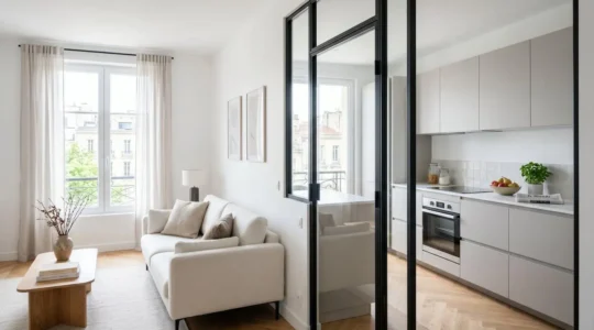 Intérieur contemporain français avec porte vitrée installée entre un salon lumineux et une cuisine moderne, lumière naturelle traversant le vitrage