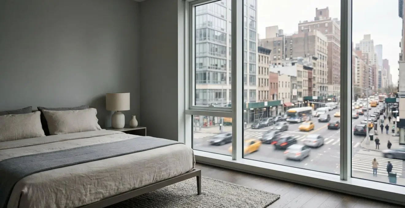 Intérieur paisible d'une chambre moderne avec grande fenêtre donnant sur une rue urbaine animée