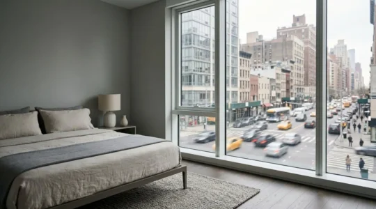 Intérieur paisible d'une chambre moderne avec grande fenêtre donnant sur une rue urbaine animée